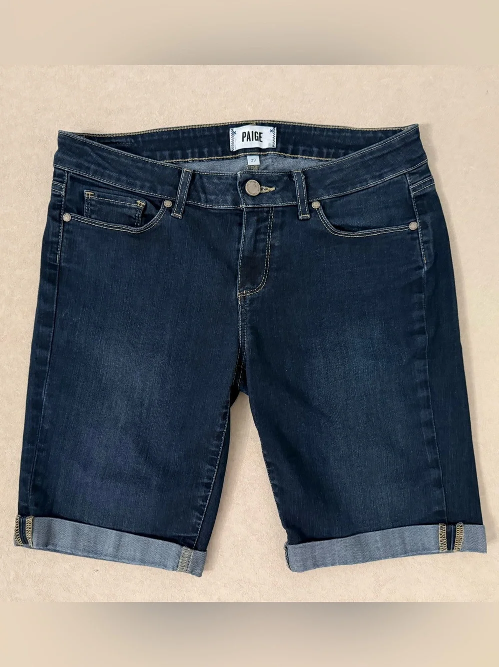 PAIGE Jax Knee Shorts 29 Kayla Dark Wash Stretch Denim Bermuda Cuffed